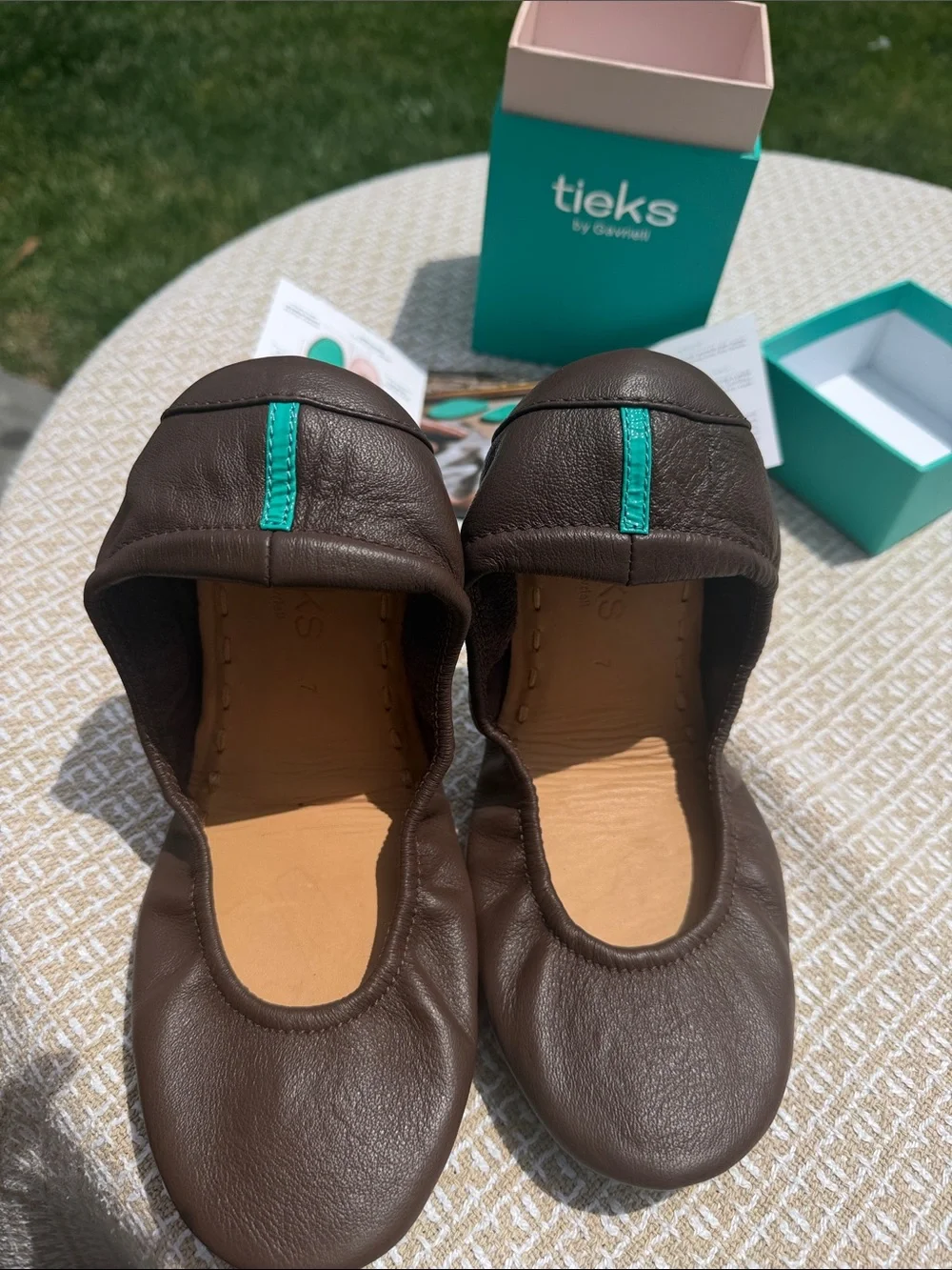 Tieks Brown Leather Ballet Flats with Teal Insole - Picture 4 of 9